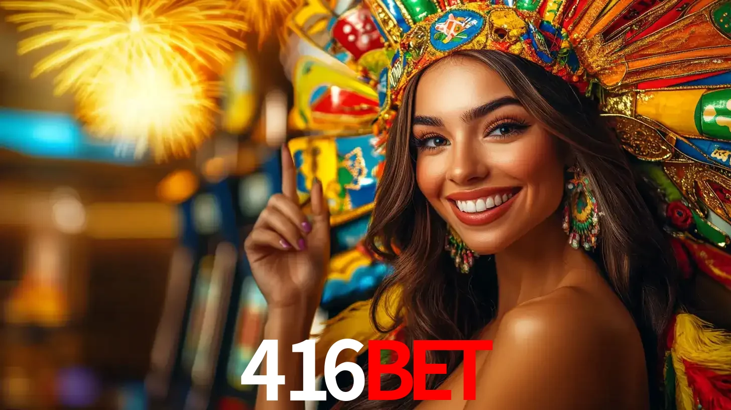 Mulher sorridente com um cocar de carnaval vibrante e colorido, celebrando uma grande vitória nos jogos do cassino 416bet com fogos de artifício ao fundo.