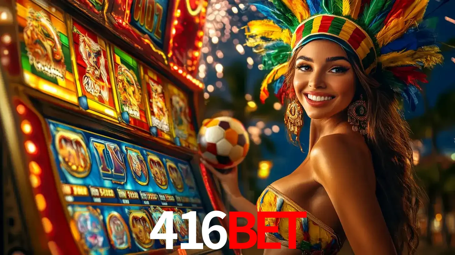 Mulher com um cocar de carnaval ao lado de uma máquina de caça-níqueis enquanto segura uma bola de futebol, mostrando a união da diversão de cassino e esportes no 416bet.