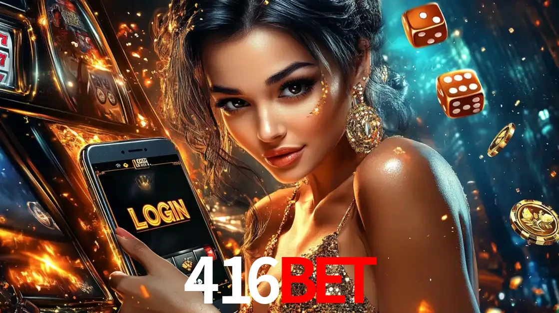 Mulher glamourosa segurando um celular com a tela de login do cassino 416bet, rodeada por dados e moedas douradas, pronta para começar a diversão.