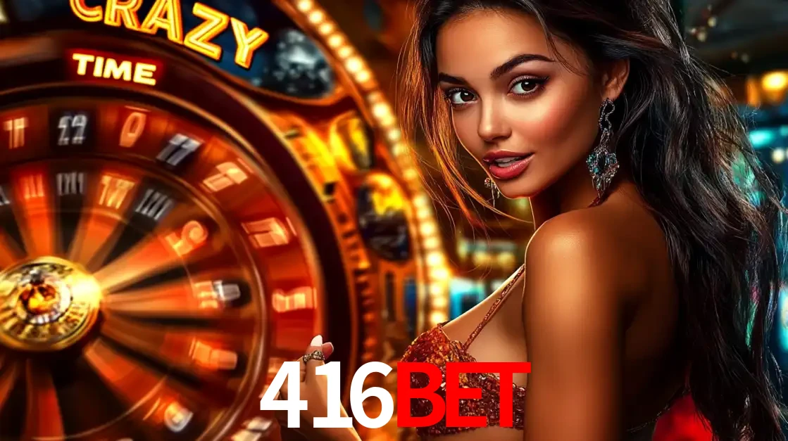 Mulher ao lado da roda de prêmios do jogo de cassino ao vivo Crazy Time, um dos shows de jogos mais emocionantes oferecidos pela plataforma de apostas 416bet.
