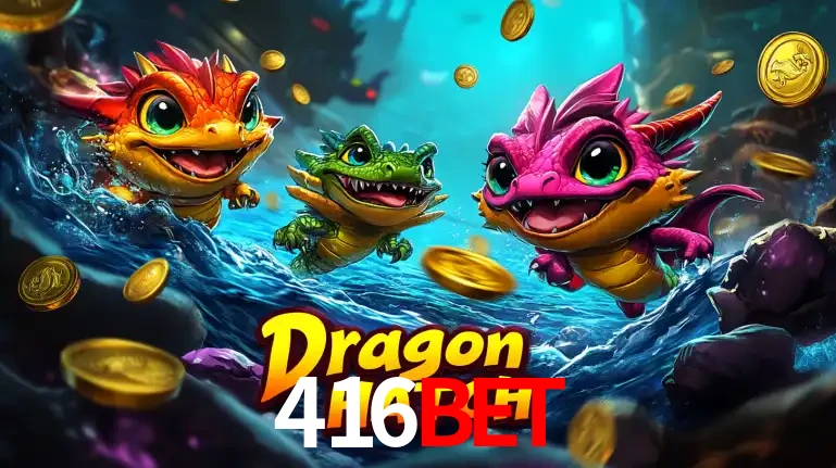Arte promocional do jogo Dragon Hatch com três adoráveis dragões bebês nadando entre moedas de ouro, um dos slots mais divertidos para jogar no cassino 416bet.