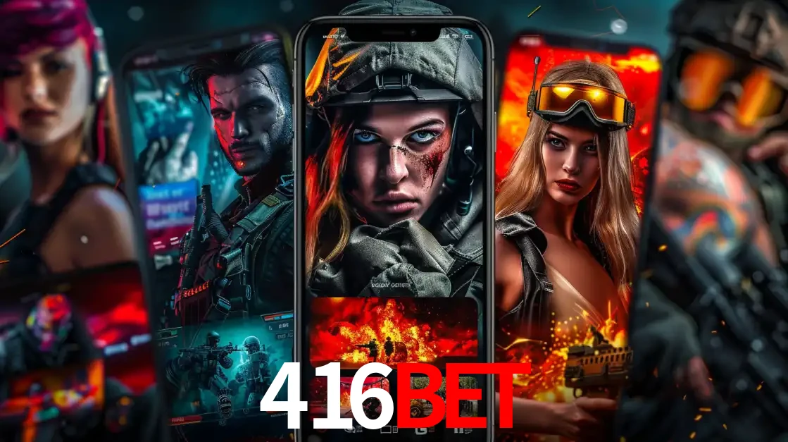 Montagem de telas de celular mostrando diversos personagens, masculinos e femininos, de um jogo de tiro, ilustrando a diversidade de equipes de e-sports para apostar no 416bet.