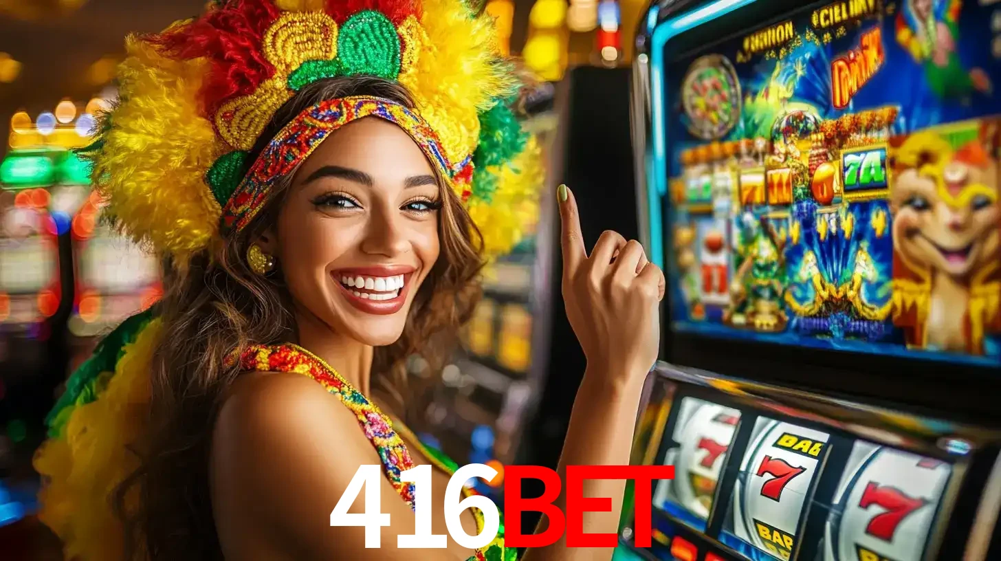 Mulher animada com um cocar de carnaval apontando para uma máquina de caça-níqueis, mostrando a emoção de ganhar um grande prêmio nos jogos do 416bet.
