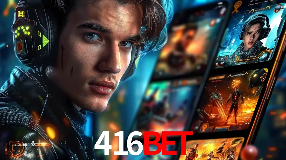 Jovem jogador com fones de ouvido olhando para a câmera, com um aplicativo de jogos e e-sports para celular ao fundo, pronto para a competição e apostas no 416bet.