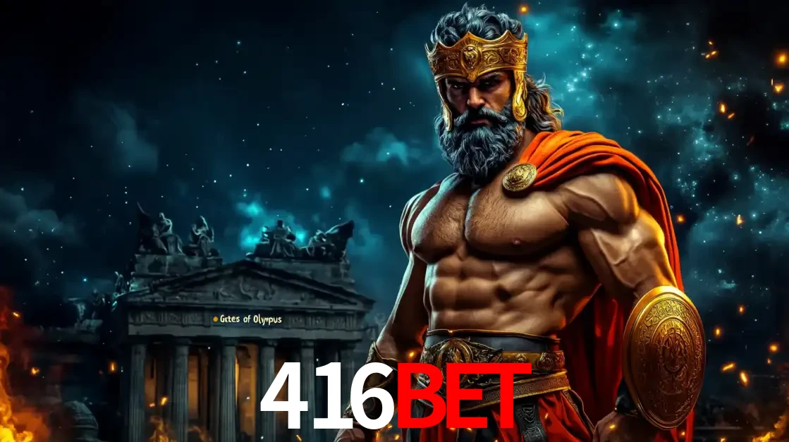 O poderoso Zeus do jogo de slot Gates of Olympus em frente ao seu templo, pronto para lançar multiplicadores divinos e prêmios épicos no cassino online 416bet.