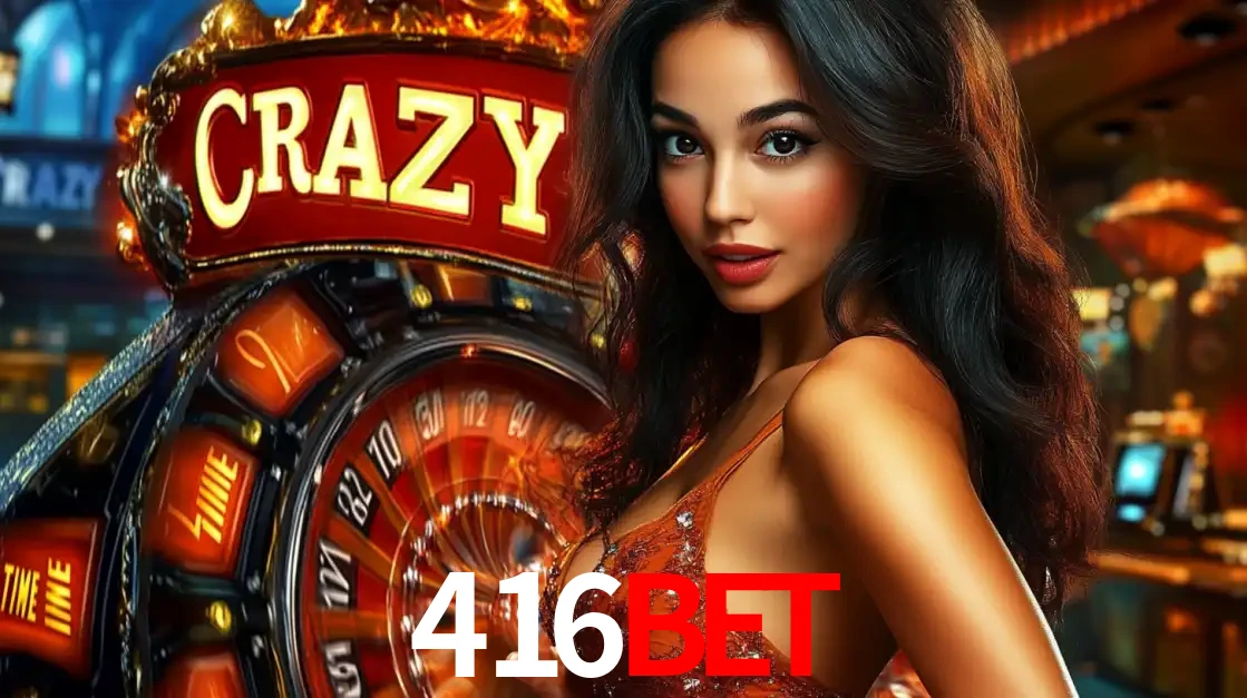 Mulher glamourosa olhando para a câmera com a roda vermelha do Crazy Time ao fundo em um ambiente de cassino, destacando a emoção dos jogos ao vivo no 416bet.