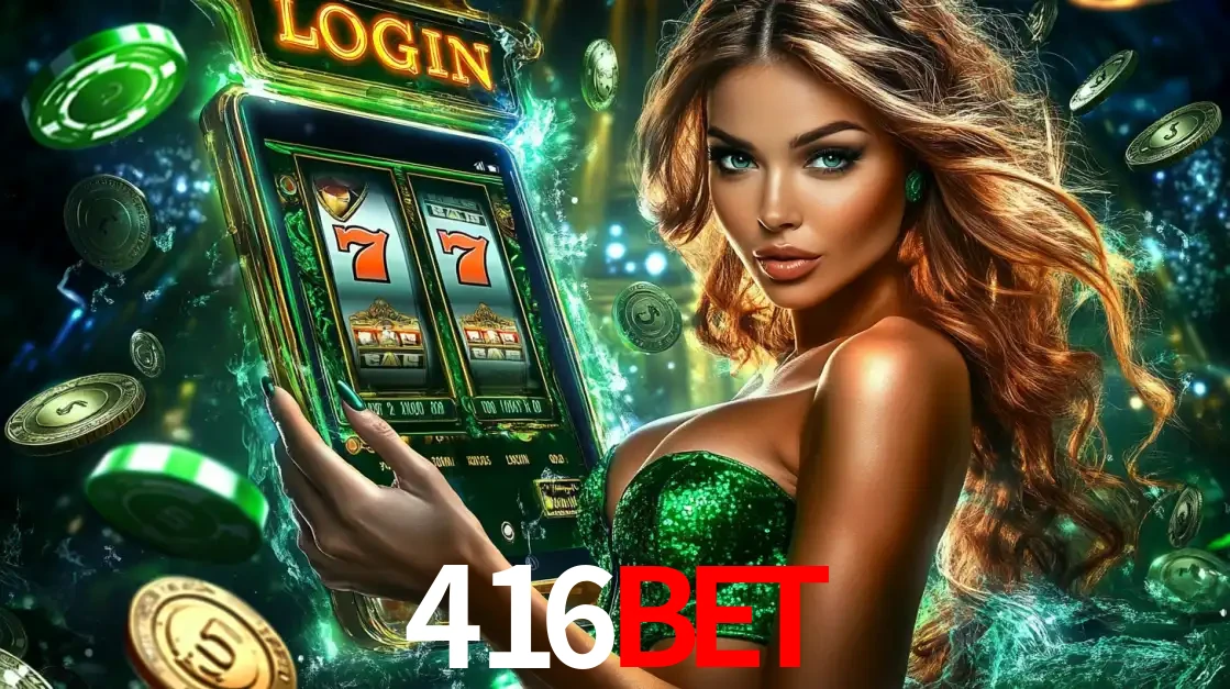 Mulher com tema verde apresentando o aplicativo do cassino 416bet com um jogo de slot de 777, cercada por fichas de cassino e uma aura de sorte.