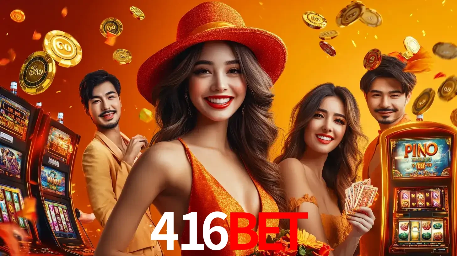 Grupo de amigos asiáticos sorrindo e se divertindo com máquinas de caça-níqueis em um ambiente festivo, celebrando suas vitórias nos jogos de cassino do 416bet.