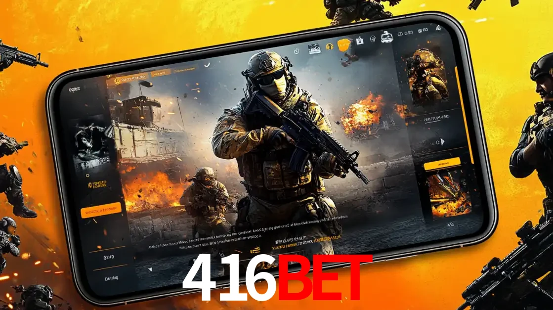 Um smartphone exibindo a interface de um jogo de tiro em primeira pessoa, com um soldado em um cenário de batalha, representando a ação dos e-sports para apostar no 416bet.