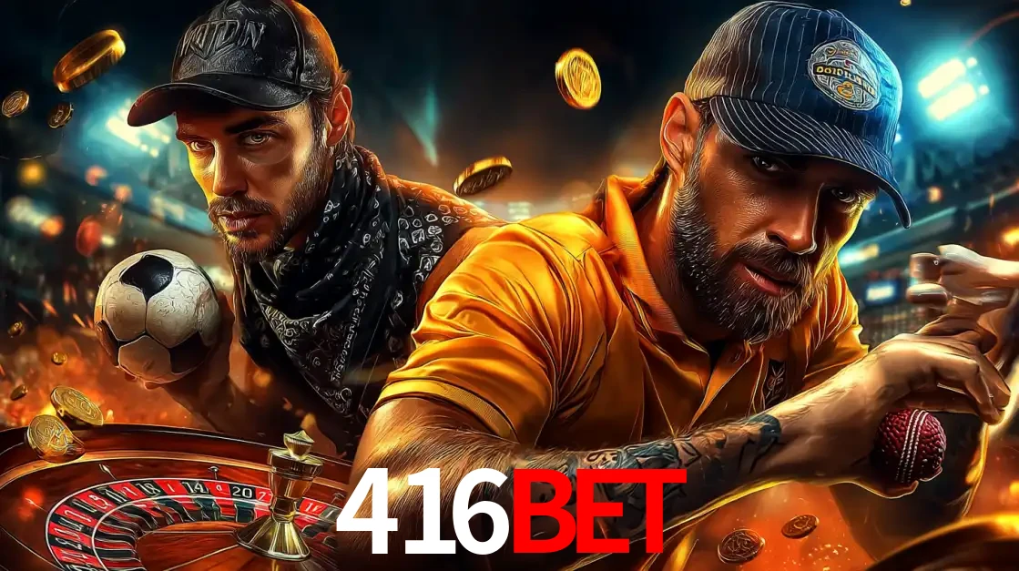 Montagem de apostas esportivas e cassino no 416bet, com um homem segurando uma bola de futebol e outro uma de beisebol sobre uma roleta e moedas voadoras.