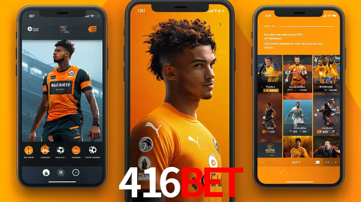 Interface do aplicativo de apostas esportivas 416bet em três telas de celular, mostrando o perfil de um jogador de futebol e a lista de jogos disponíveis para apostar.