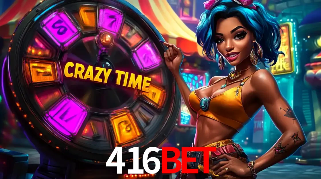 Mulher estilizada com cabelo azul e visual vibrante posando ao lado da roda de prêmios do game show Crazy Time, convidando para a diversão e os bônus do cassino 416bet.