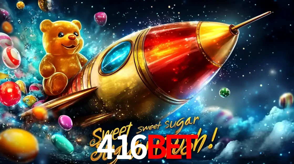 Arte promocional do jogo de slot Sugar Rush, com um urso de pelúcia em um foguete viajando pelo espaço de doces, um dos jogos divertidos disponíveis no cassino 416bet.