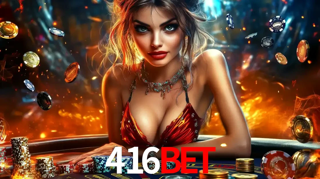 Mulher em uma mesa de cassino com pilhas de fichas e um fundo de fogo, pronta para uma rodada de altas apostas nos jogos de mesa emocionantes do cassino 416bet.