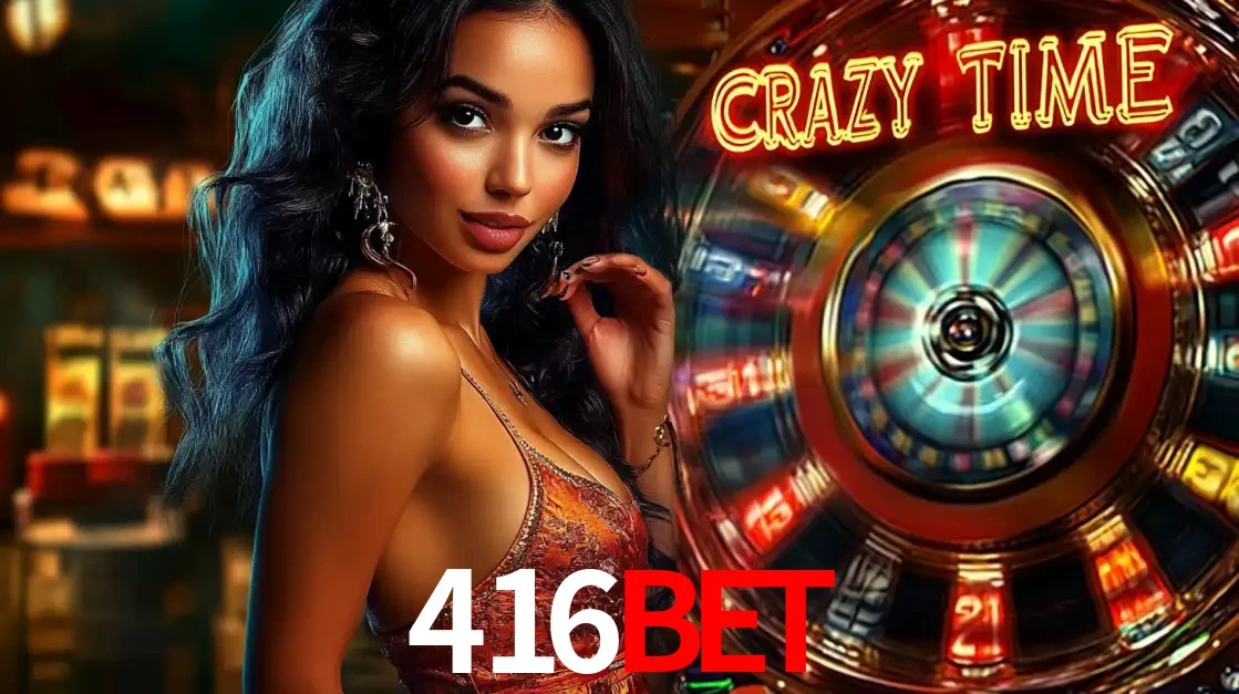 Mulher elegante ao lado da vibrante roda da fortuna do jogo de cassino ao vivo Crazy Time, um dos game shows mais populares e cheios de prêmios do 416bet.