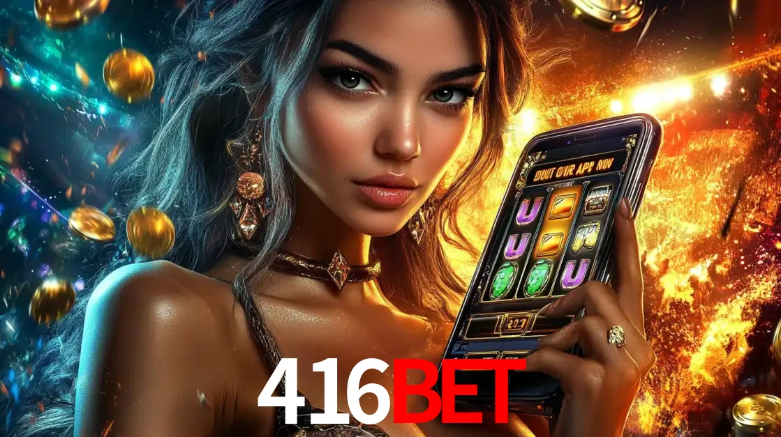 Mulher elegante mostrando um jogo de caça-níqueis em seu smartphone, destacando a experiência de cassino móvel oferecida pelo aplicativo 416bet.