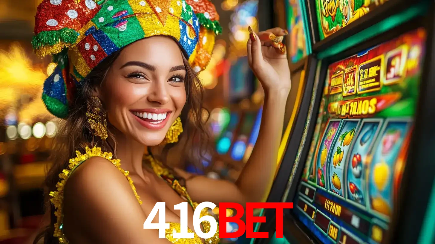 Mulher feliz com traje de carnaval amarelo e colorido ao lado de uma máquina de caça-níqueis, aproveitando a diversão e os jogos temáticos do cassino 416bet.