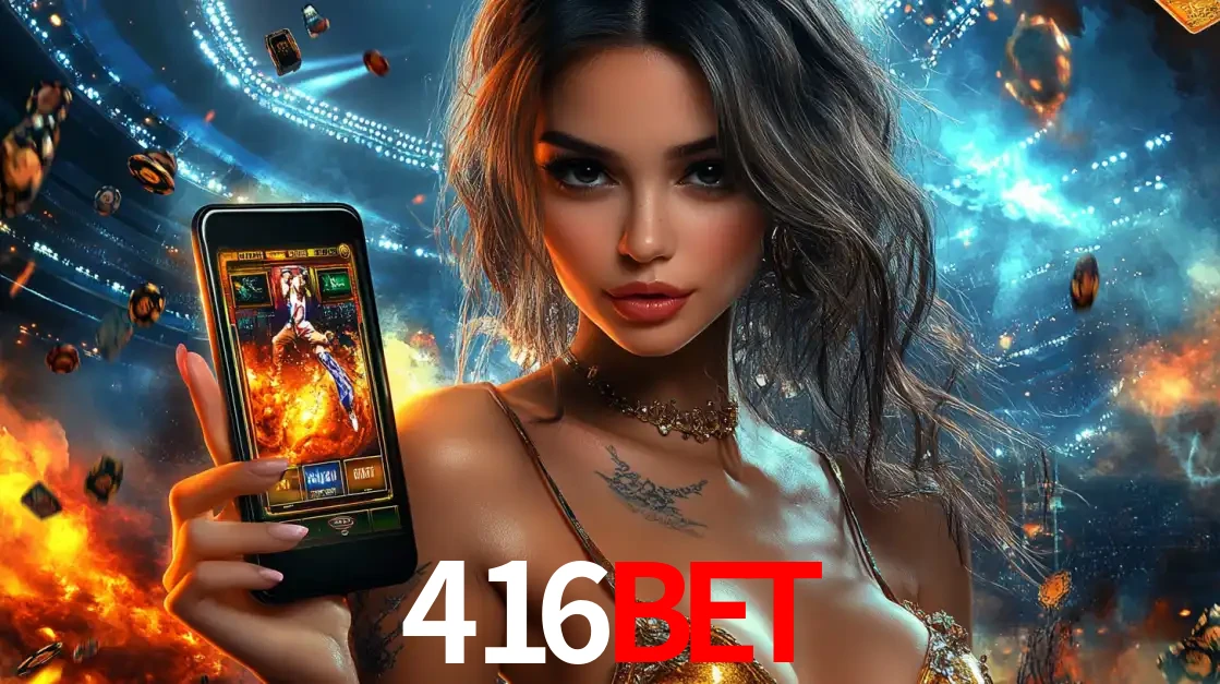 Mulher segurando um celular com um jogo de slot em destaque, tendo como fundo um estádio vibrante, simbolizando a emoção de jogar no cassino móvel 416bet.