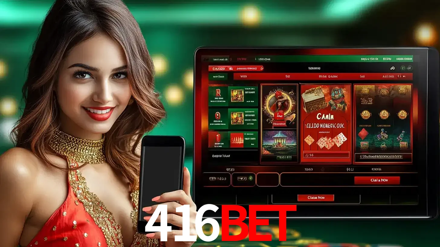 Mulher sorridente segurando um smartphone, ao lado de uma tela exibindo o lobby de jogos do cassino online 416bet, com várias opções de jogos de cartas e slots.